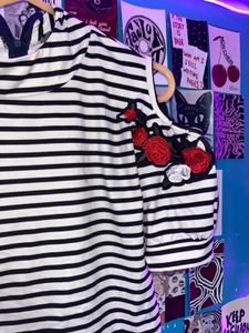 Striped Cold-Shoulder Top with Rose Embroidery