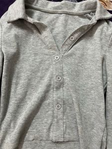 Grey Cropped Collared Button-Up Top
