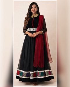 Elegant Black Anarkali Suit with Red Dupatta/pant