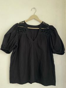 Black Puff Sleeve Crochet Top
