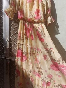 Floral Print Yellow Full Lentgh Dress. It Can Use
