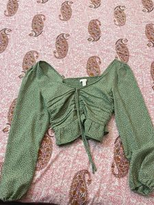 Green Floral Print Ruched Crop Top