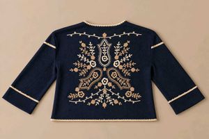 NAVY BLUE EMBROIDERED V-NECK KNIT SWEATER