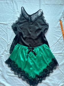 Satin Pajama Set with Lace Trim