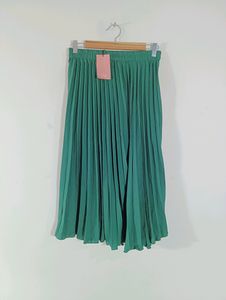 Green Plain Pleated Midi Skirt (Women's)