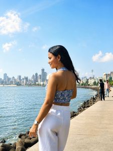 Blue &amp; White Striped Crop Top