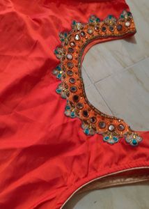Vibrant Orange Kurta with Embellished Neckline