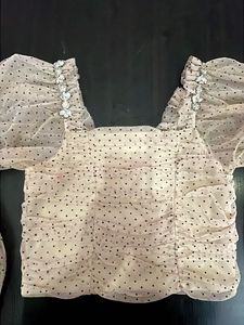 Sheer Polka Dot Ruched Square Neck Top