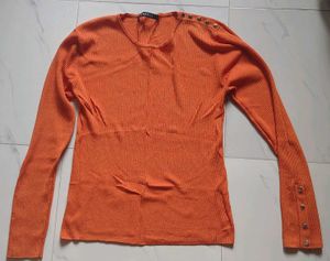 Orange Ribbed Long Sleeve Top