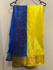 Vibrant Blue & Yellow Brocade Saree