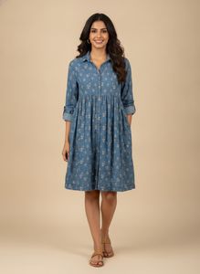 Blue flowy Floral Print short Shirt Dress