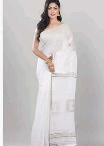 Elegant White Cotton  Silk Saree