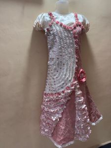 Pink &amp; White Embellished Gown with Rose Details