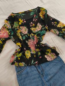 Sheer Floral Print Long Sleeve Top