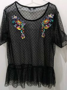 Sheer Black Polka Dot Embroidered Top