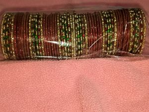 Maroon Coloured Stone Glass Bangles Set