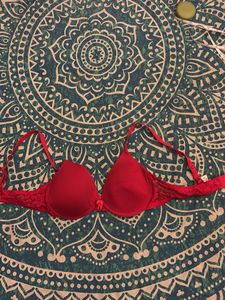 Red Lace Trim Bra (Lightly Padded, Underwired)