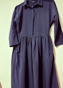 Navy Blue Dress with Lace Sleeves
