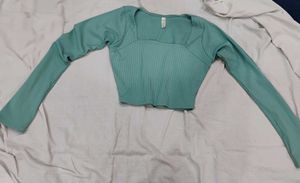 Teal Square Neck Long Sleeve Crop Top