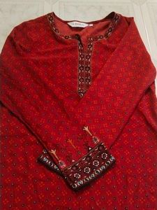 Red Printed Kurta with Embellishments