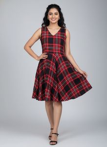 Red Plaid Flared Dress
