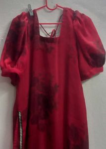Red Printed Kurta with Puff Sleeves