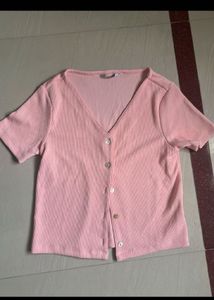 Pink Ribbed V-Neck Button-Up Top