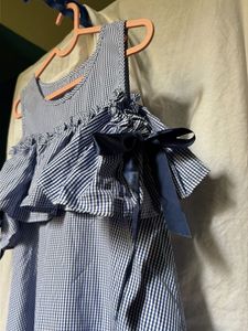 Korean Style Blue Gingham Cold Shoulder Dress