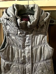 Grey Shiny Puffer Vest Half Jacket With Hoodie
