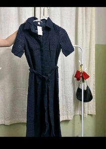 H&amp;M Navy Broderie Midi Dress