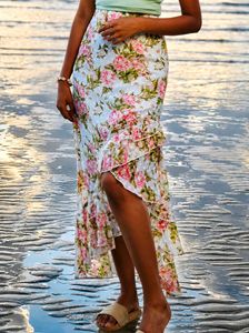 Floral Ruffle Hem Midi Skirt