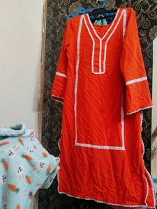 Orange Kurta with White Lace Trim