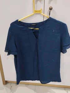 Chic Navy Blue Flutter Sleeve Top