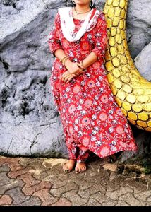 Red Printed Kurta With Trouser &amp; Dupatta