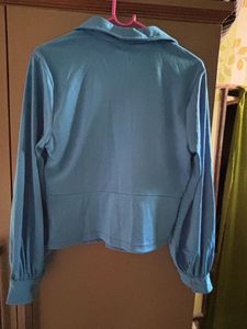 Blue Ruched Button-Up Shirt