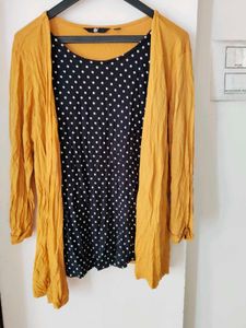 Mustard Cardigan with Polka Dot Top