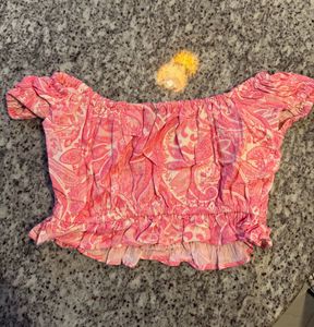HWW crop top, summer print, pink, S size