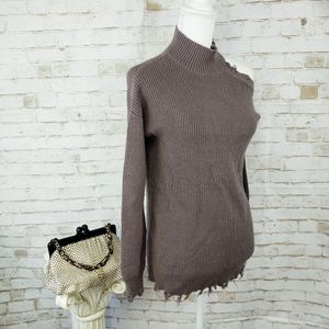 Imported Taupe Cold Shoulder Mock Neck Fray Hem Ri