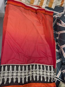 Ombre Red &amp; Orange  2 in 1 saree