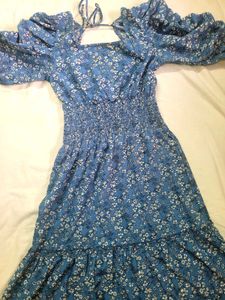 Blue Floral Smocked Midi Dress
