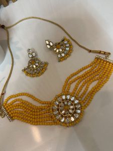 Exquisite Yellow Beaded Choker Set with Earrings