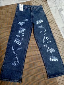 Graphic Print Wide Leg Jeans