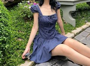 y2k Cute Blue Striped Mini Dress