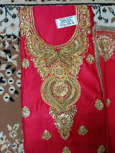 Red &amp; Gold Embroidered Salwar Kamee