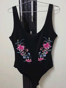 Black Embroidered Bodysuit