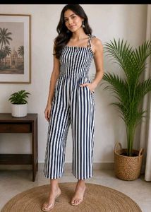 Striped Smocked Jumpsuit with Tie Shoulders