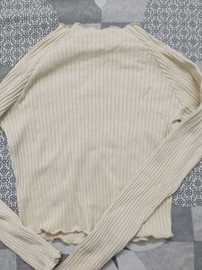 Cream Ribbed Long Sleeve Top with Floral Graphic