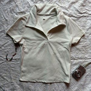 Stylish Ribbed Polo Neck Top