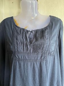 Blue Pleated Neckline Long Sleeve Top