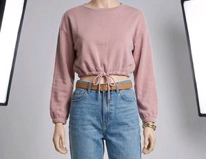 Pink Cropped Drawstring Sweatshirt